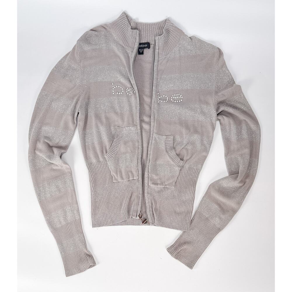 Y2K Bebe LOGO Rhinestone Full Zip Sweater Gray Mock Neck MED Sparkle Jacket - Picture 7 of 7